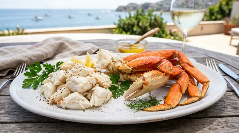 Une photo de chair et de pattes de crabe fraîches présentées sur un plat blanc et lumineux.