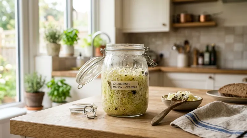 bocal en verre contenant de la choucroute crue 