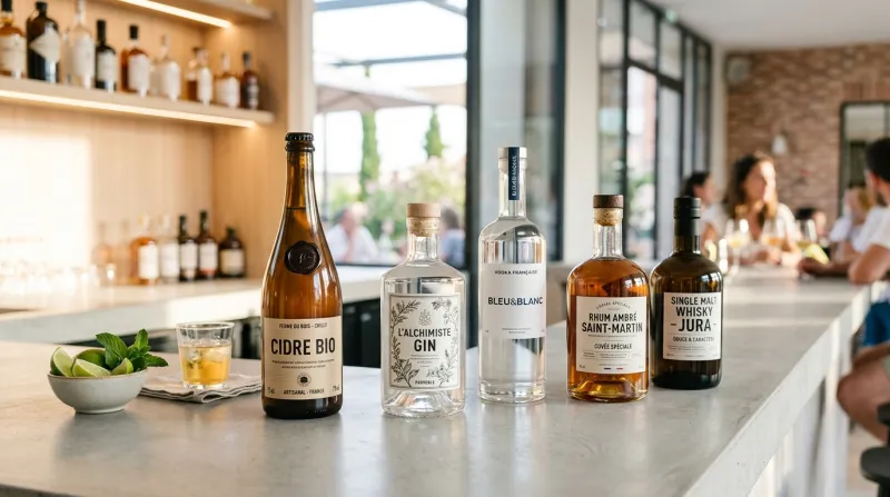 Une photo lumineuse et contemporaine de bouteilles de spiritueux et d'une bouteille de cidre sur un 