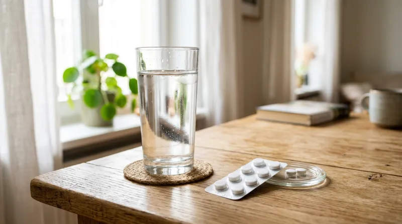 grand verre d'eau et comprimés