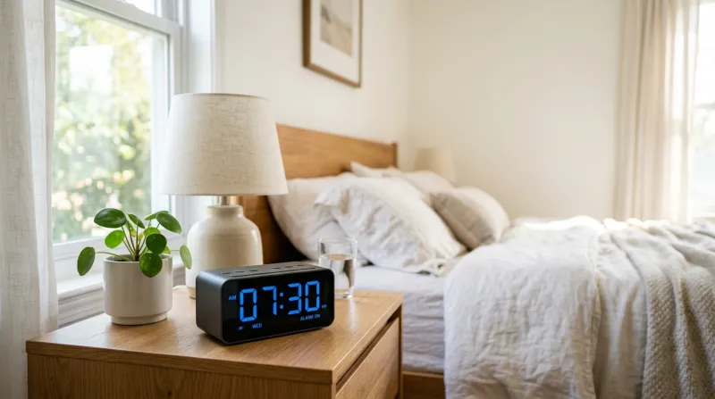 réveil numérique moderne affichant l'heure en bleu