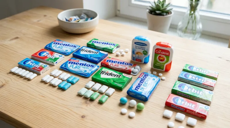 Une photo lumineuse et épurée de divers chewing-gums et de pastilles d'édulcorant de synthèse.