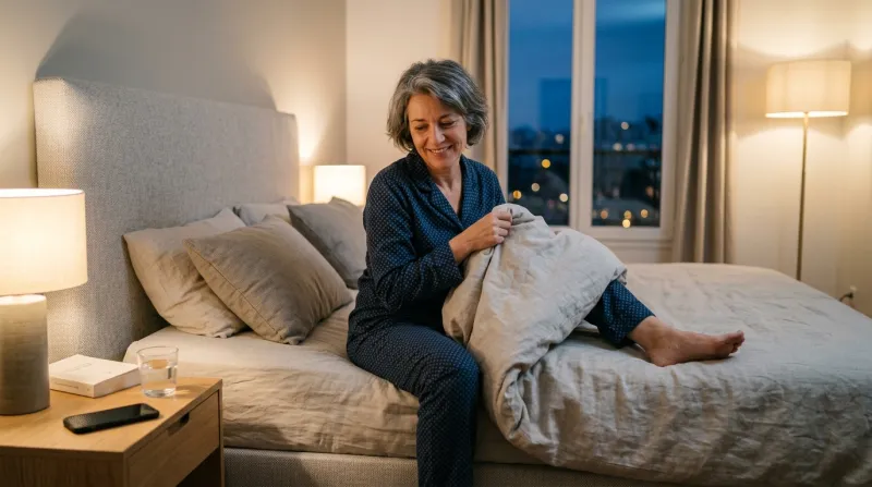 Personne de 50 ans qui se met au lit. Photo moderne