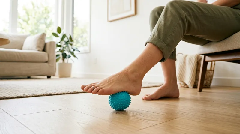pied nu massant sa voûte plantaire avec une balle 