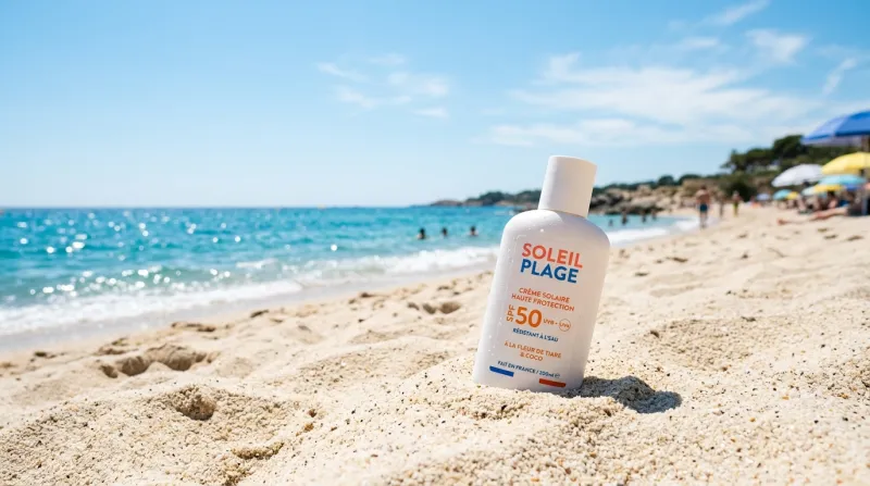 crème solaire posée sur du sable fin