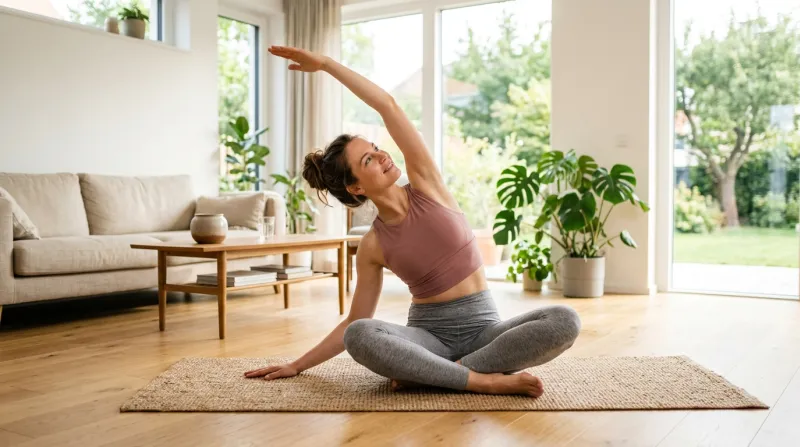 Une photo d'une personne pratiquant un étirement musculaire doux dans un intérieur moderne et lumine