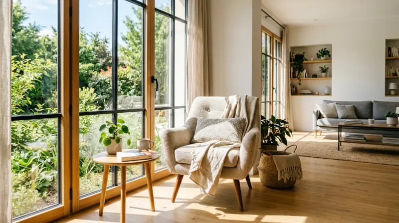  salon moderne et lumineux avec un fauteuil vide 