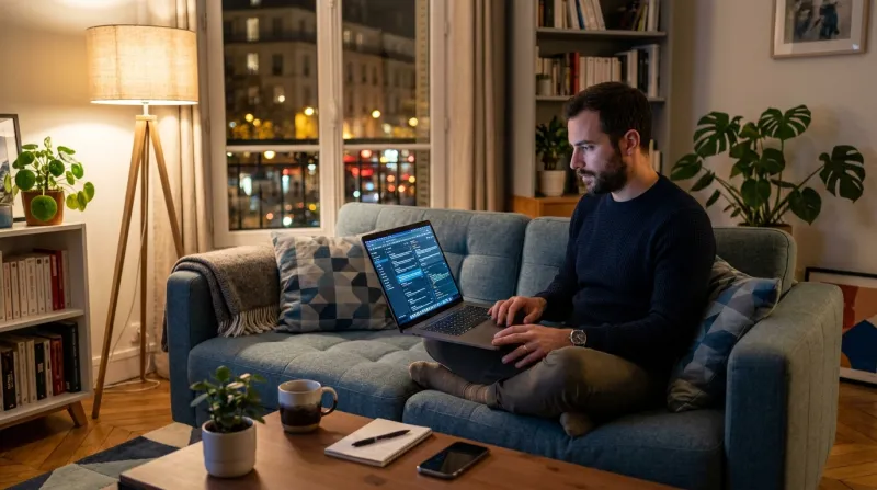 homme le soir qui travaille sur son ordinateur