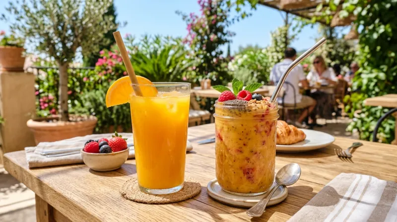 verre de jus d'orange et smoothie aux fruits
