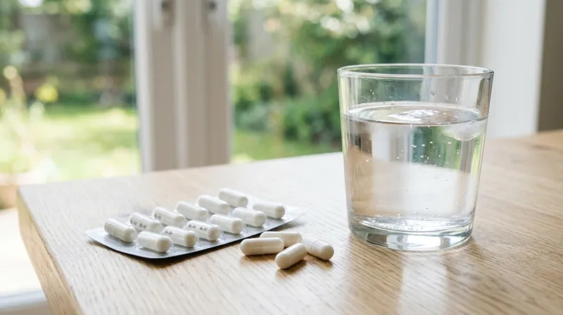 gélules blanches et verre d'eau