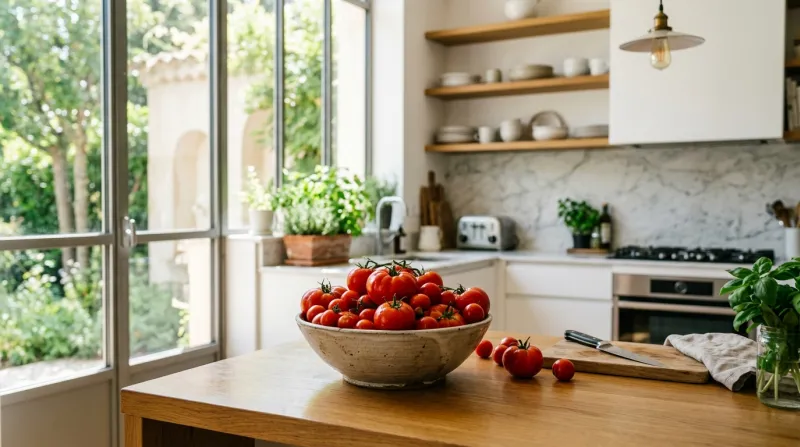  tomates disposées dans une cuisine