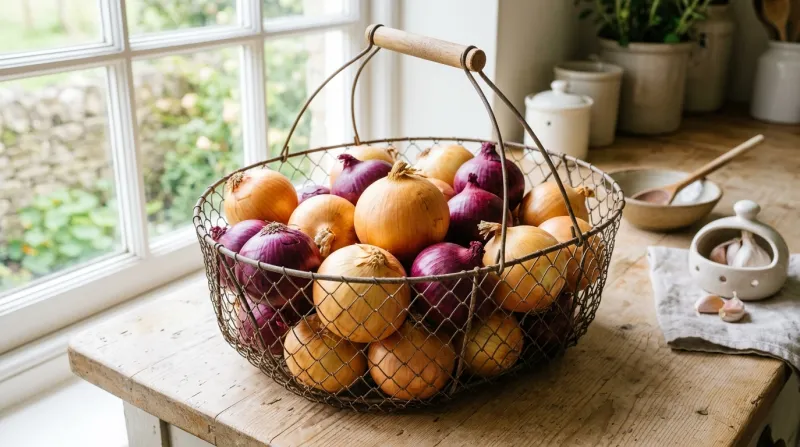 oignons jaunes et rouges entiers  dans un panier 