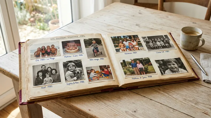 vieil album photo d'enfance ouvert sur une table
