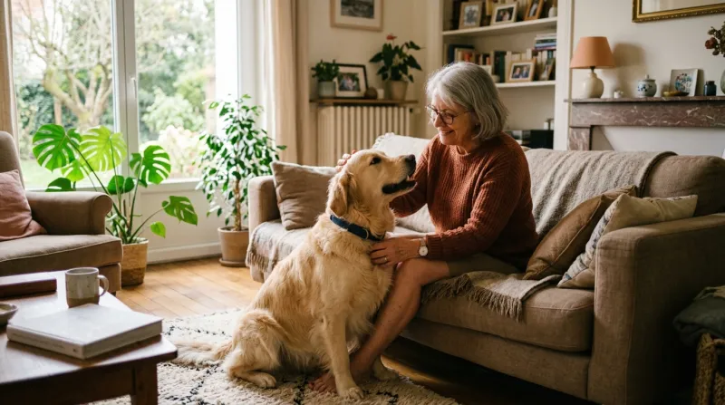 chien assis tout près de son maître