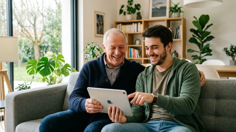 jeune et senior partageant une tablette