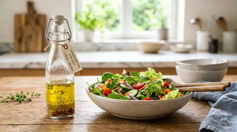 bouteille en verre contenant une vinaigrette maison