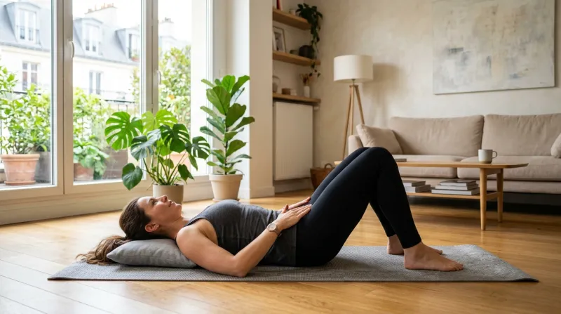 personne allongée sur le dos pratiquant un exercice de bascule du bassin