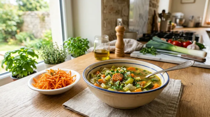  bol de soupe de légumes frais et de carottes râpées 