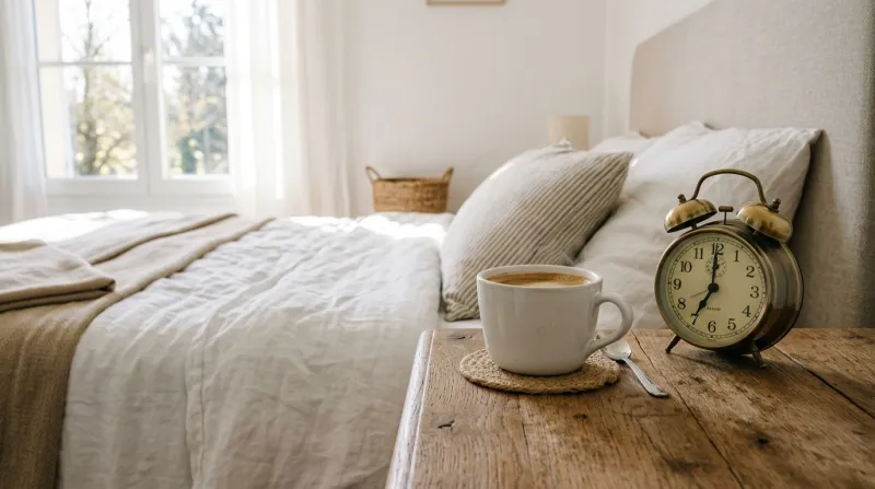tasse de café posée sur une table de nuit