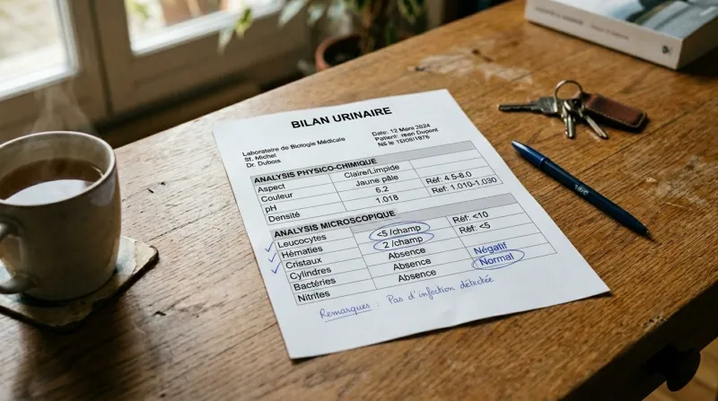 bilan urinaire posée sur une table
