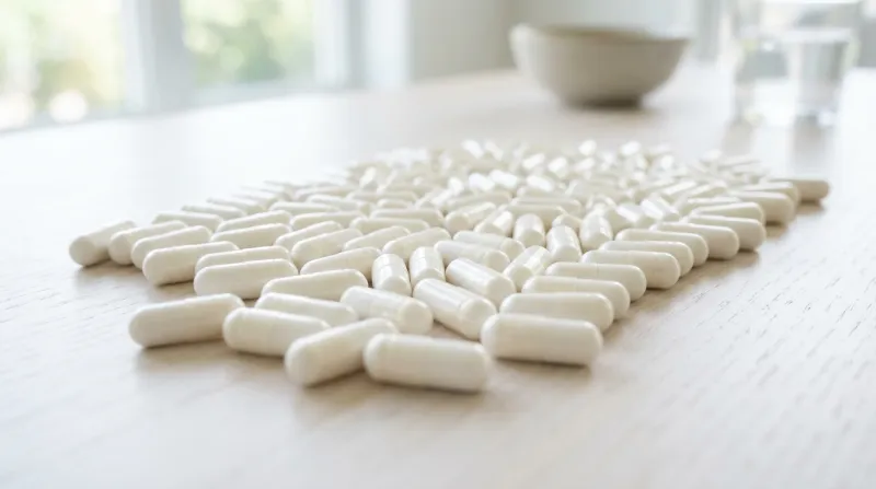 gélules blanches disposées sur une surface claire
