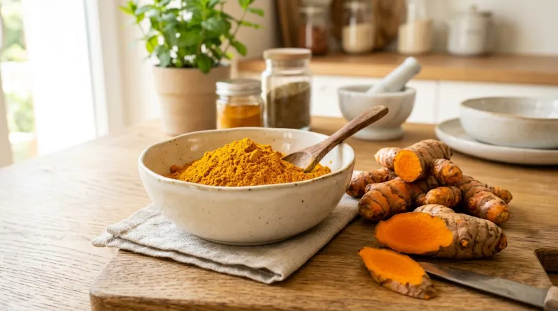  racines de curcuma frais et de poudre de curcuma 