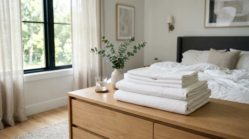 draps blancs propres et frais, pliés avec soin dans une chambre 