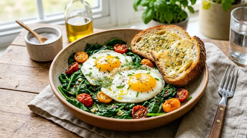  plat composé d'œufs et de feuilles d'épinards
