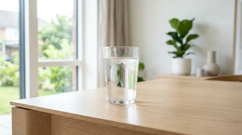  verre d'eau fraîche posé sur une table 
