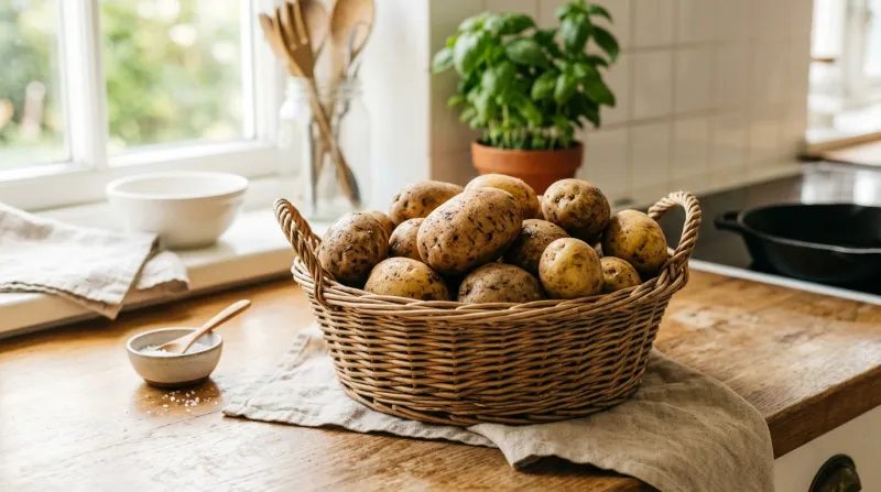 pommes de terre dans un panier en osier 
