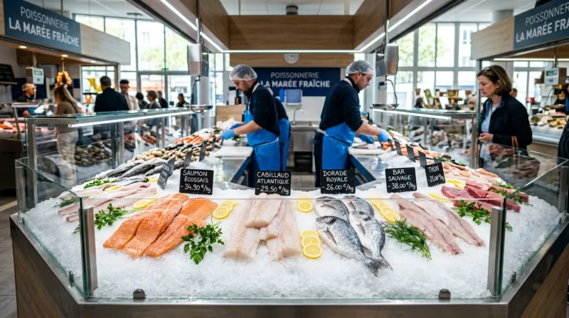  filets de poisson frais présentés sur un lit de glace pilée dans un étal de marché