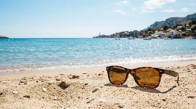  lunettes de soleil posées sur du sable 