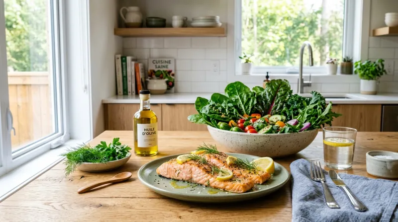 légumes verts à feuilles et poisson gras