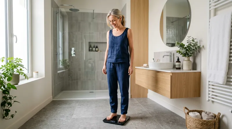 femme qui se pèse dans sa salle de bain 