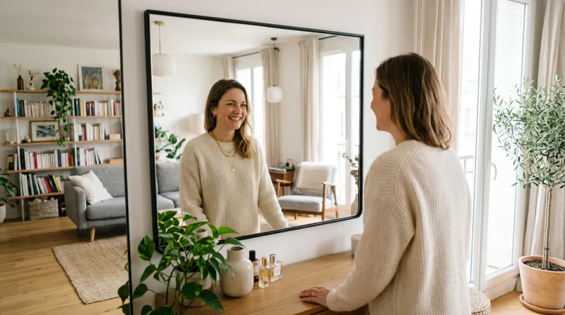 personne souriante se regardant avec bienveillance dans un miroir 