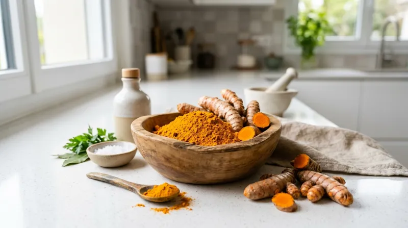 racines de curcuma frais et de poudre de curcuma 