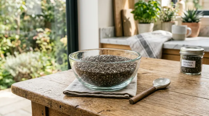 graines de chia dans un bol en verre 
