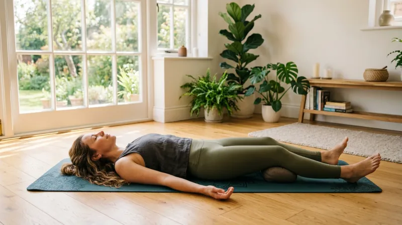 personne allongée sur un tapis de yoga