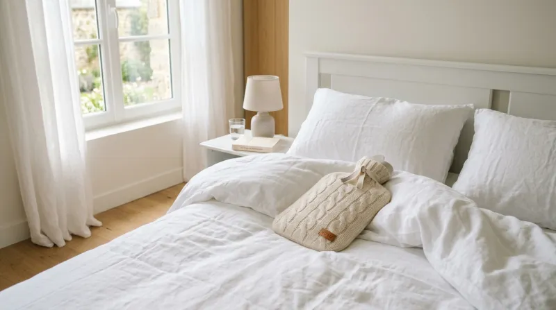 bouillotte posée sur un lit aux draps blancs 