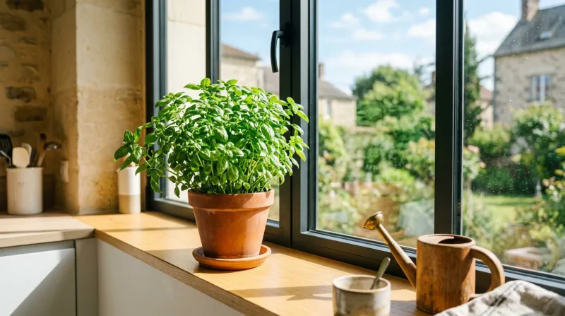 pot de basilicposé sur le rebord d'une fenêtre