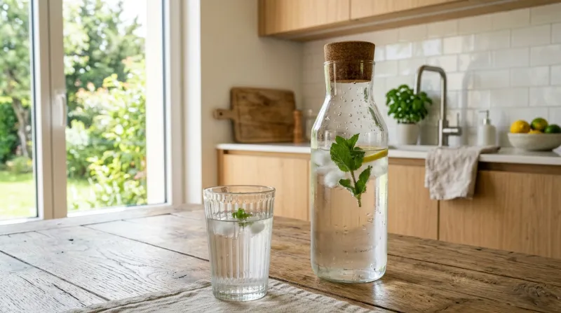 verre d'eau fraîche et carafe transparente 