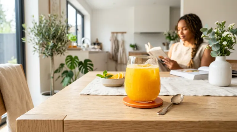 verre de jus d'orange frais posé sur une table claire