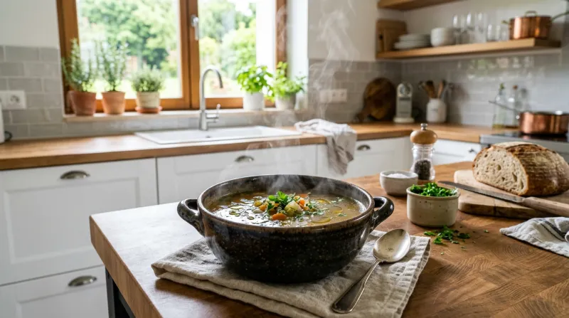  bouillon d'os fumant dans une cuisine