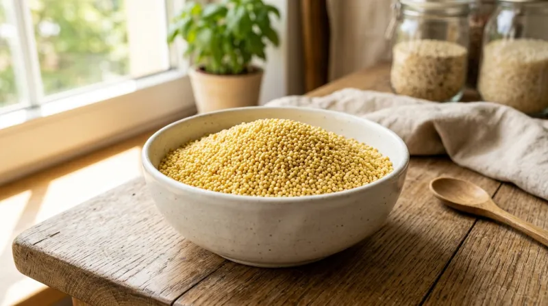 Une photo de grains de millet dans un bol moderne avec une lumière naturelle et lumineuse