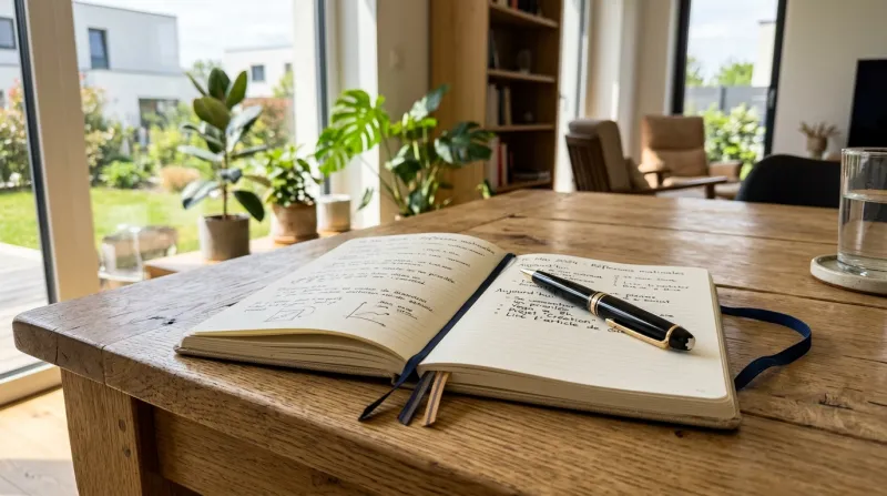 carnet ouvert et stylo posés sur une table en bois 