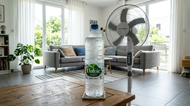 bouteille d'eau glacée posée devant un ventilateur 