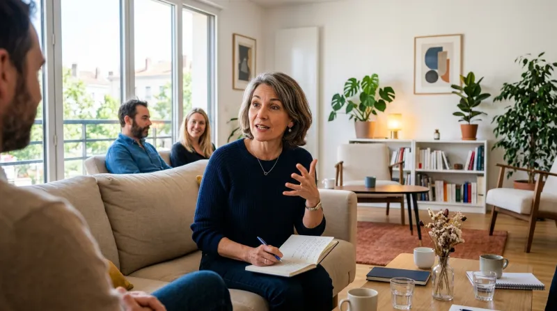 personne s'exprimant lors d'une discussion dans un salon 