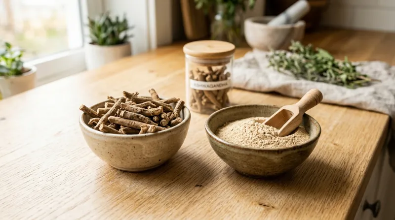 racines d'Ashwagandha et poudre dans des bols