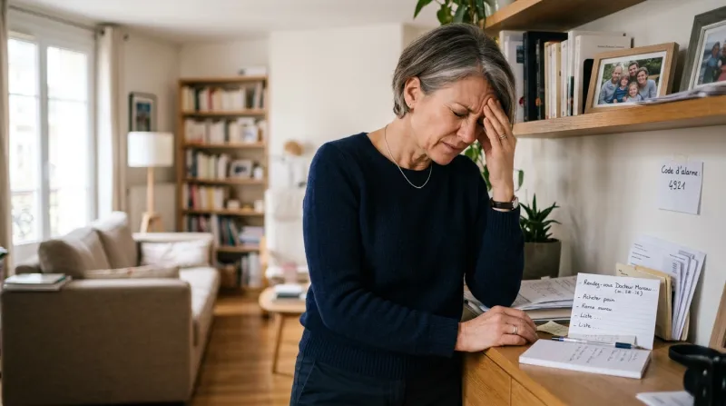 Femme qui se tient la tête à cause de perte de mémoire