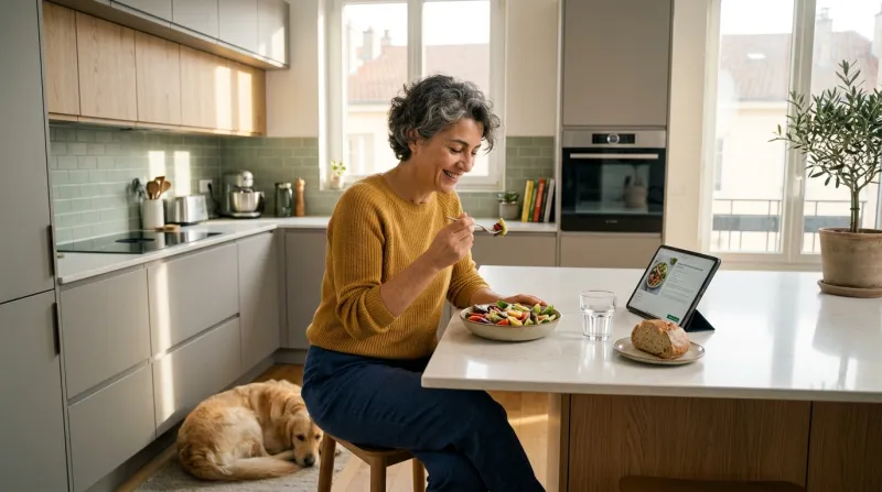 femme qui mange dans sa cuisine